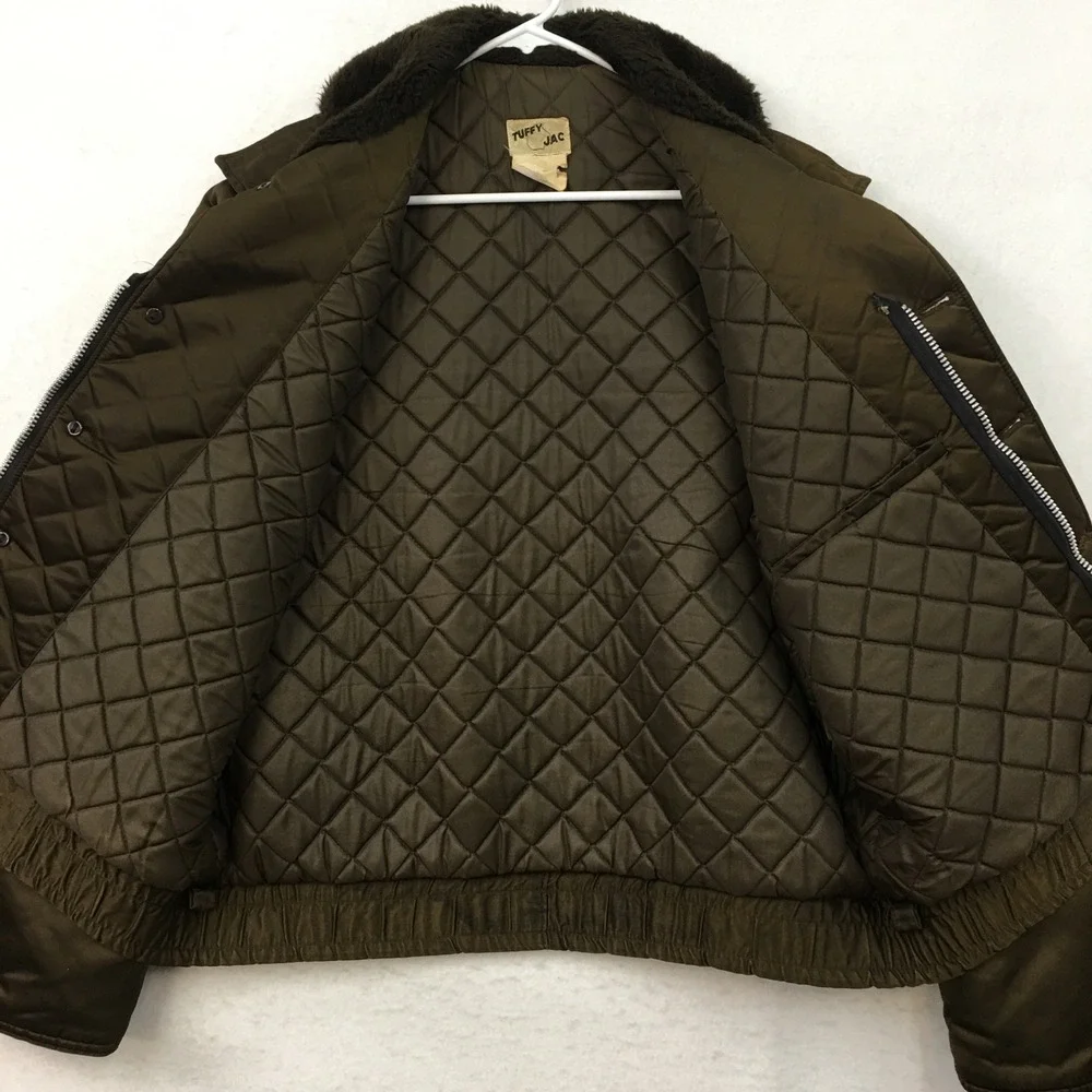 Vintage Tuffy Mens Bomber Flight Jacket Olive Brown Faux‎ Fur Collar Quilted 44